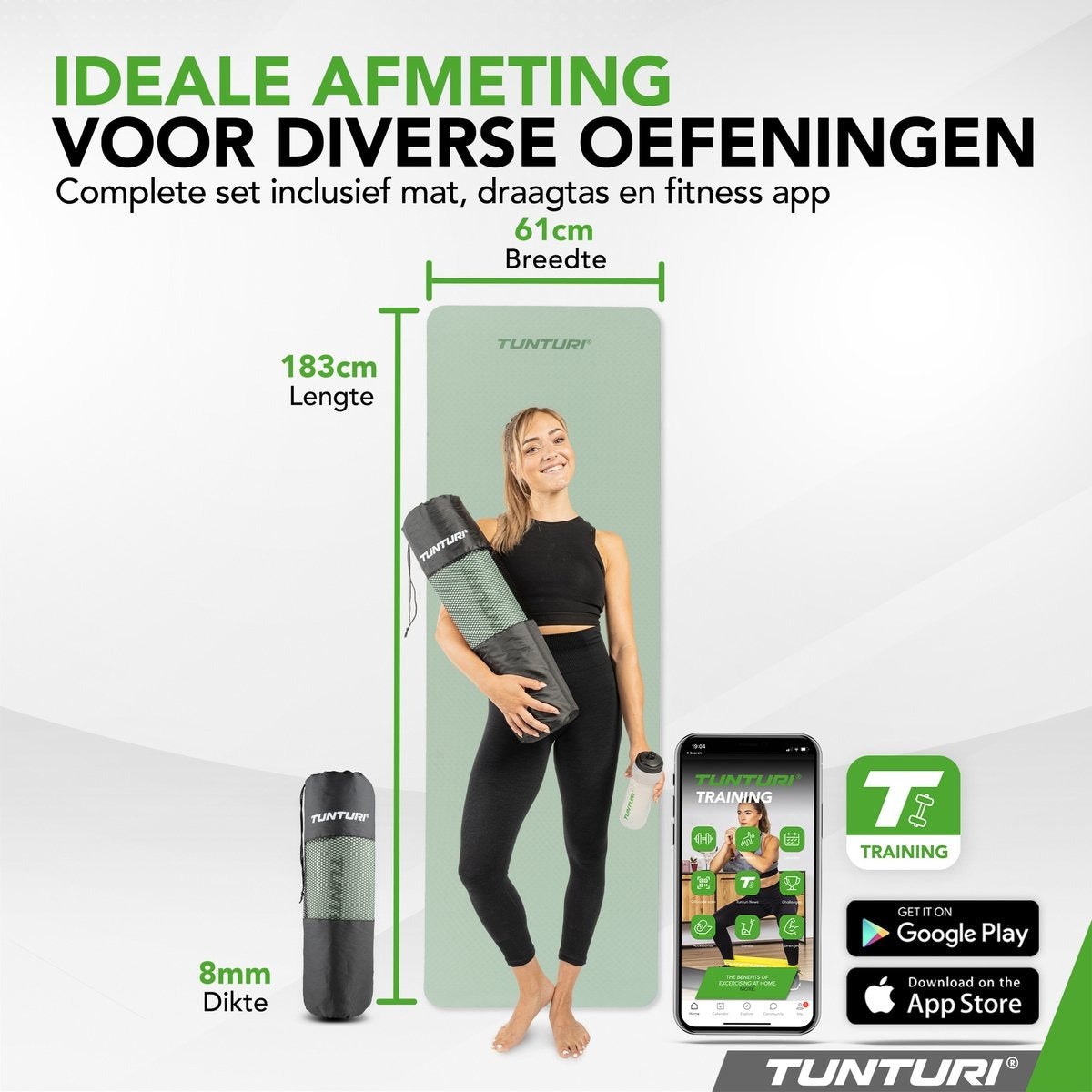 Tunturi Yoga Mat 8mm - Pilates mat - Extra dikke fitness mat - 183x61x0,8 cm - Incl Draagtas - Ecologisch materiaal - Eenvoudig te reinigen - Mint