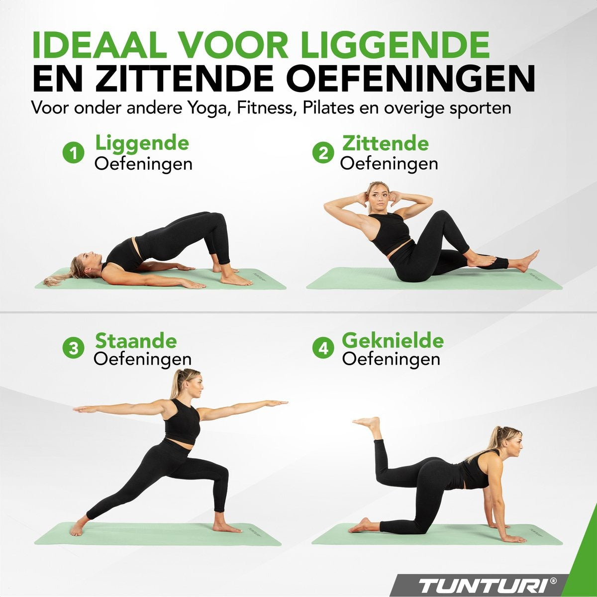Tunturi Yoga Mat 8mm - Pilates mat - Extra dikke fitness mat - 183x61x0,8 cm - Incl Draagtas - Ecologisch materiaal - Eenvoudig te reinigen - Mint