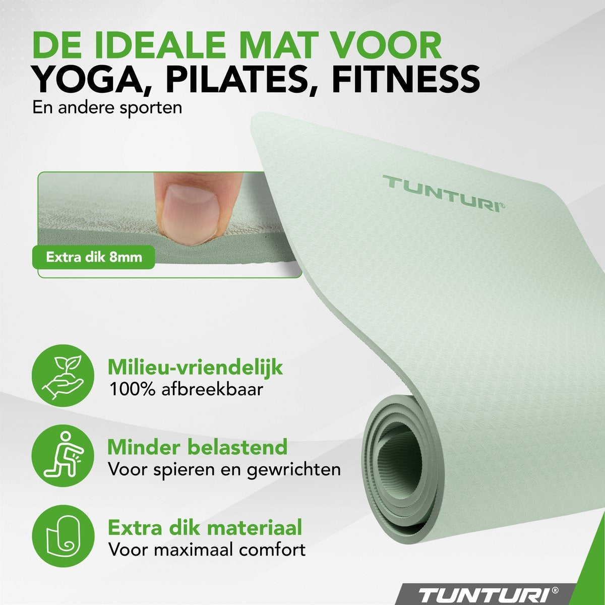 Tunturi Yoga Mat 8mm - Pilates mat - Extra dikke fitness mat - 183x61x0,8 cm - Incl Draagtas - Ecologisch materiaal - Eenvoudig te reinigen - Mint