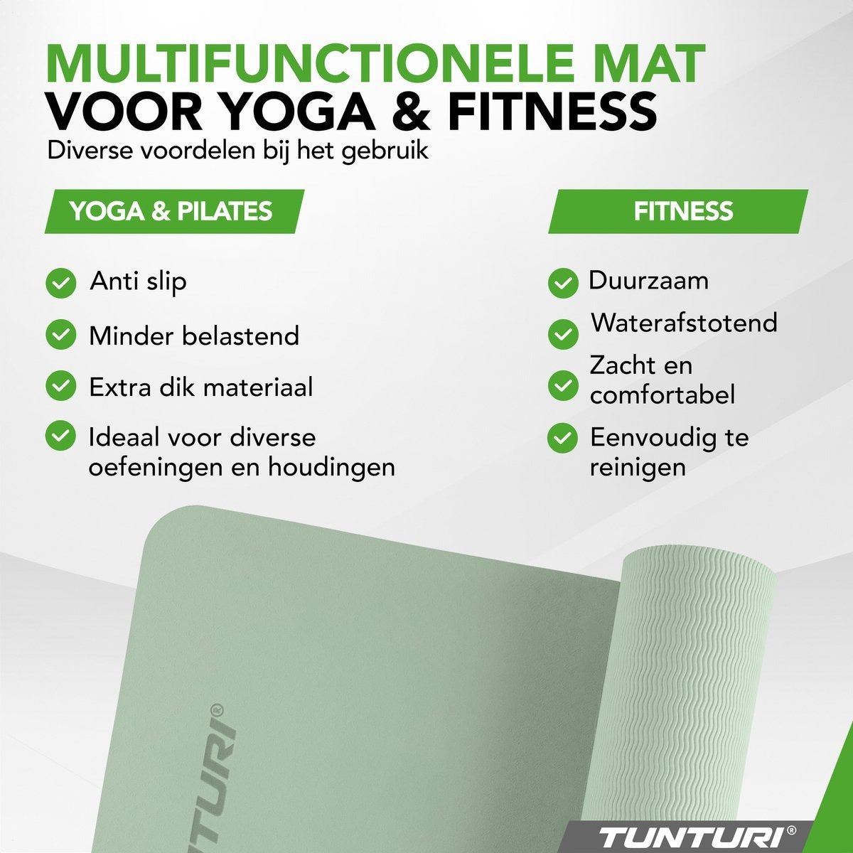 Tunturi Yoga Mat 8mm - Pilates mat - Extra dikke fitness mat - 183x61x0,8 cm - Incl Draagtas - Ecologisch materiaal - Eenvoudig te reinigen - Mint