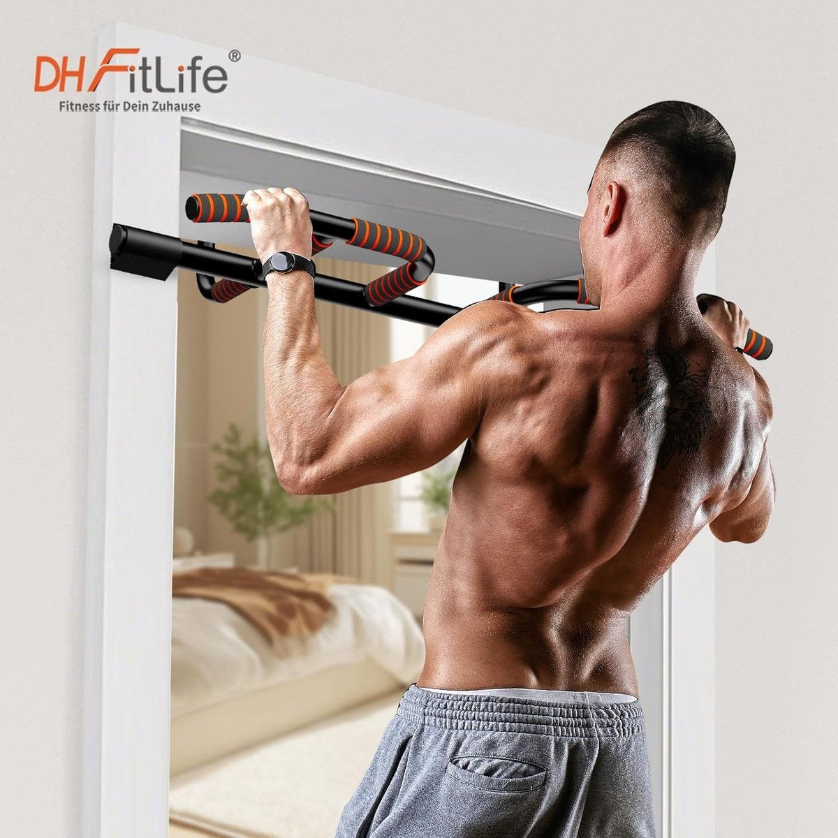 DH FitLife Optrekstang, deurkozijnen zonder schroeven, glijdt niet weg met multigreep-posities, pull-up bar deur, rekstang, turnstang, deurrek om op te hangen, voor deurkozijnen, 65-92 cm