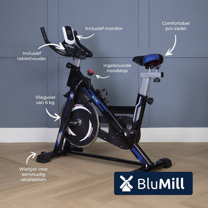 BluMill Hometrainer - Fitness Fiets – Spinningfiets - Led Display - Verstelbaar Zadel en Stuur - 0-100% weerstand niveaus – Trainingscomputer – Tablet & Bidonhouder - Max 120kg