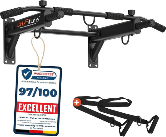 DH FitLife 4-in-1 optrekstang voor wandmontage met spreidplug, multifunctionele pull-up bar voor thuis tot 200 kg | 6 antislip handgrepen | 3 ogen voor bokszak & slingtrainer | veilig en stabiel