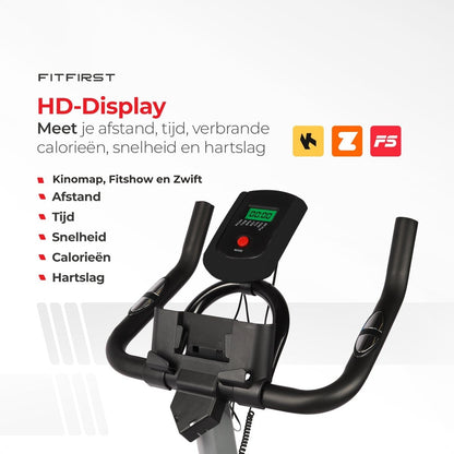 FitFirst® Rider 3 Hometrainer | Met Trainings Apps | FitShow, Kinomap en Zwift | Ingebouwde hartslagmeter | Display met info | Met Bidon | Max 150KG gebruikersgewicht en tot 1.90m | Spinning Fiets | Fitness Fiets