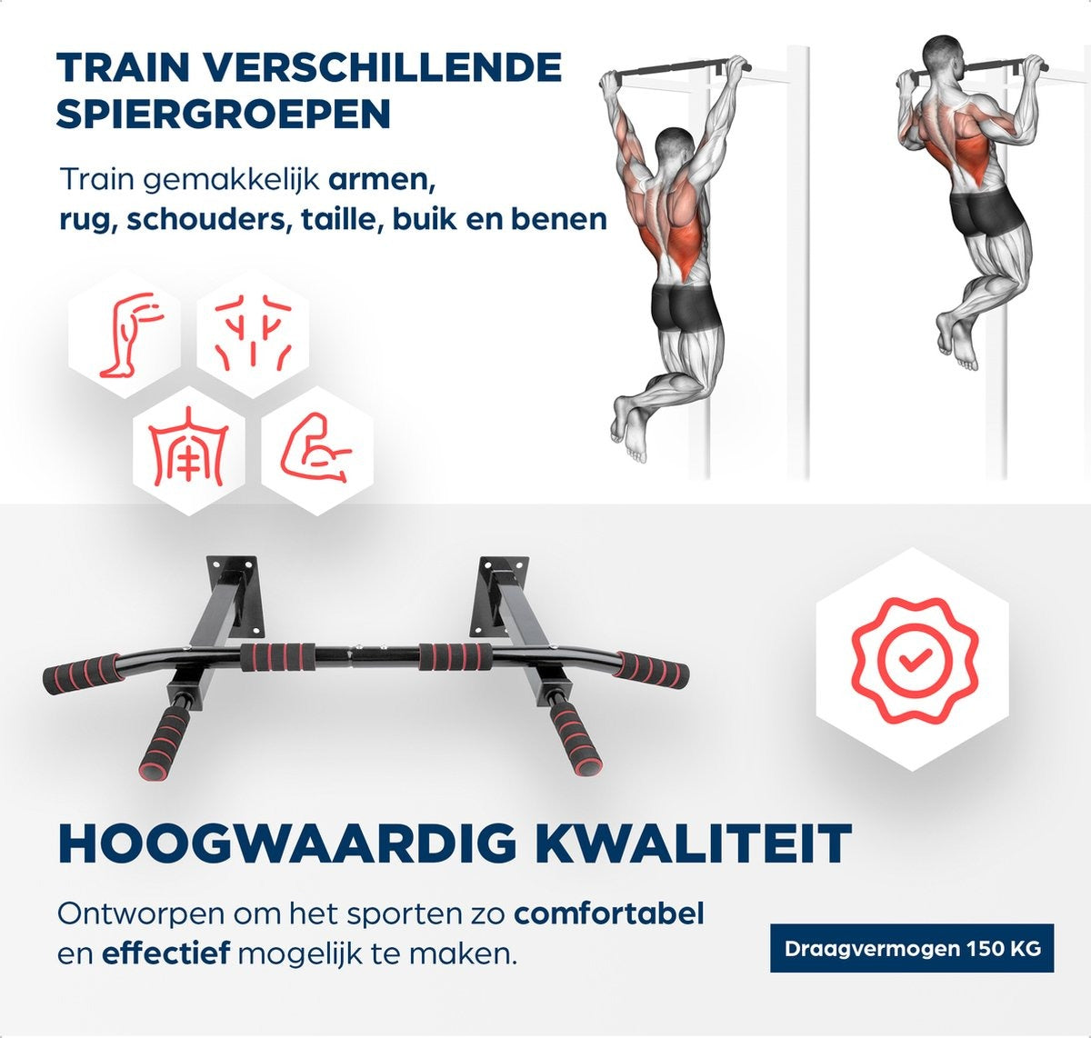 Pull Up Bar - Optrekstang Fitness - Chin Up Bar - Pullup Bar - Pull Up Station - Pull Up Stang - Optrekstang Wandmontage - Krachttraining - wandstang