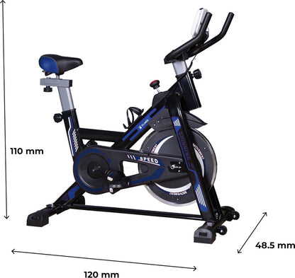 BluMill Hometrainer - Fitness Fiets – Spinningfiets - Led Display - Verstelbaar Zadel en Stuur - 0-100% weerstand niveaus – Trainingscomputer – Tablet & Bidonhouder - Max 120kg