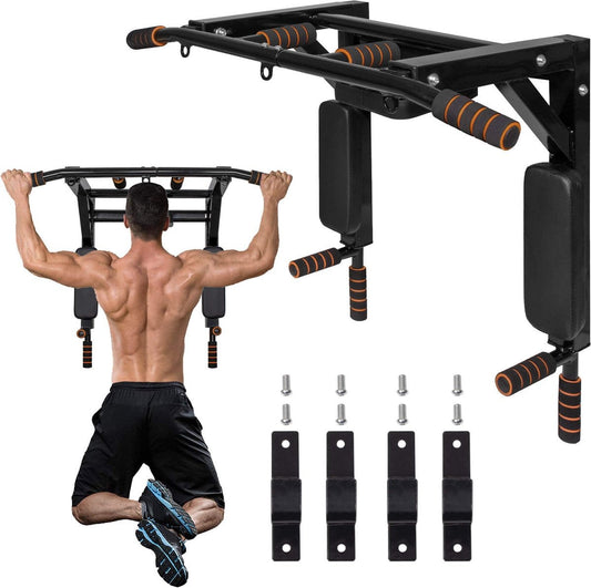 Springos Pull Up Bar | Pull Up Station | Dip Station | Krachtstation | Multifunctioneel | Wandmontage | Inclusief Montageset | Zwart/Oranje
