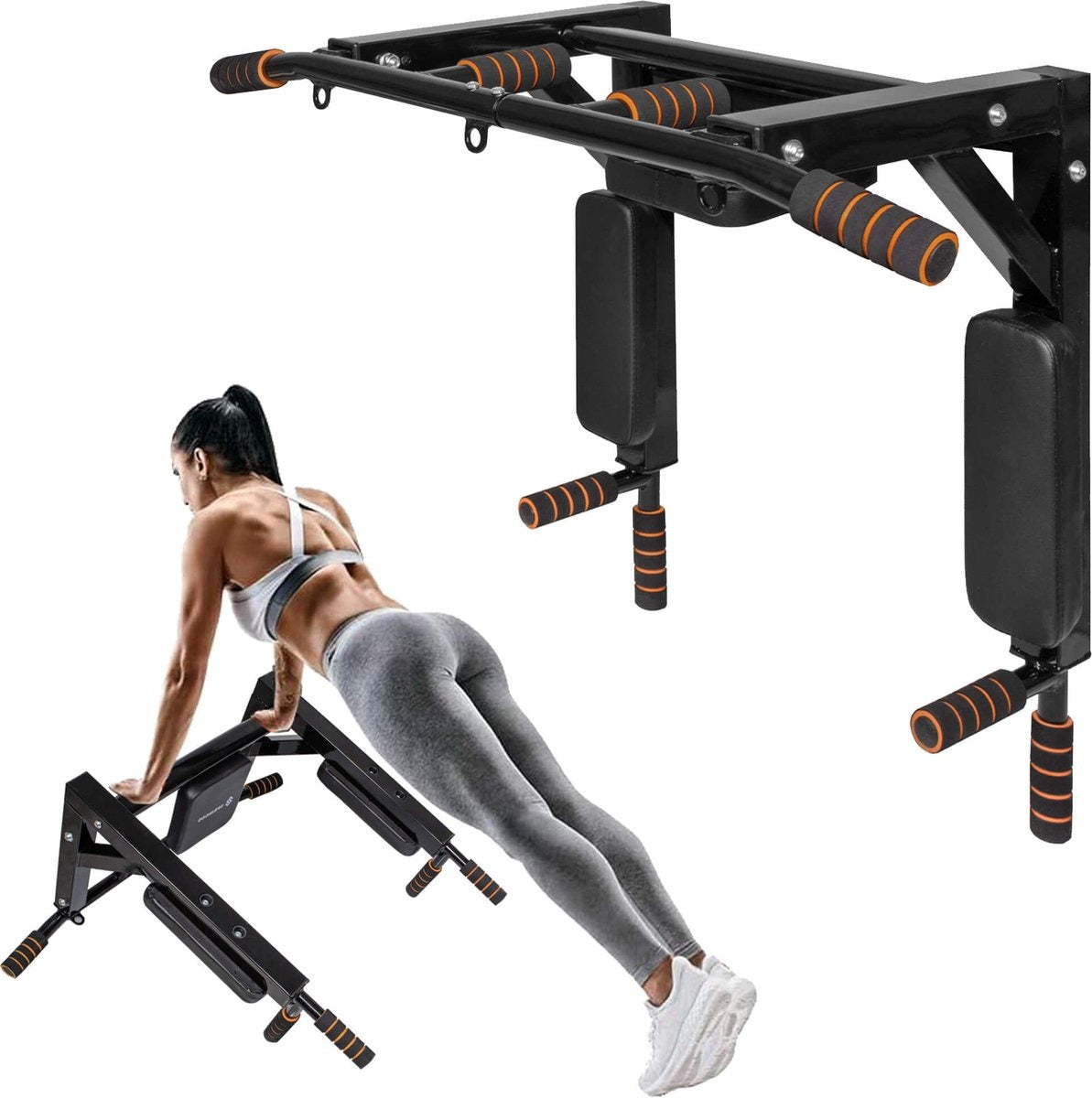 Springos Pull Up Bar | Pull Up Station | Dip Station | Krachtstation | Multifunctioneel | Wandmontage | Inclusief Montageset | Zwart/Oranje