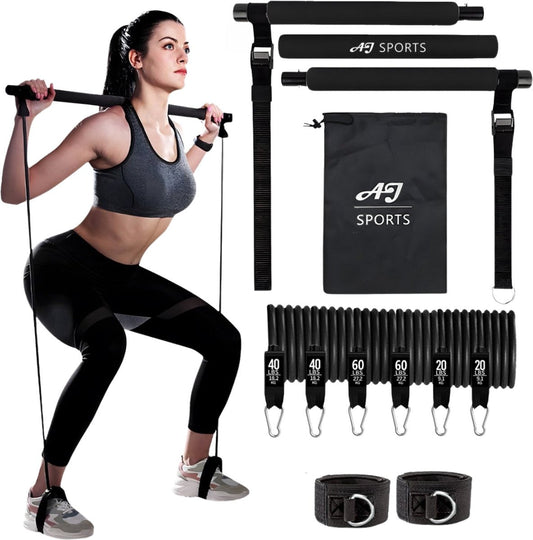 AJ-Sports Weerstandsbanden Set Pro - Pilates Bar - Weerstandsbanden - Fitness Bar - Tot 100 KG Verstelbaar - Pilates Stick - Inclusief 6 Weerstandsbanden - Resistance Band Set - Crossfit - Zwart
