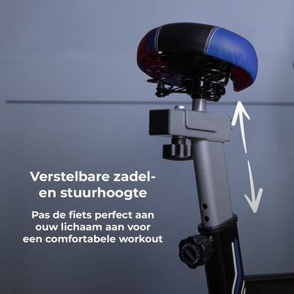 BluMill Hometrainer - Fitness Fiets – Spinningfiets - Led Display - Verstelbaar Zadel en Stuur - 0-100% weerstand niveaus – Trainingscomputer – Tablet & Bidonhouder - Max 120kg
