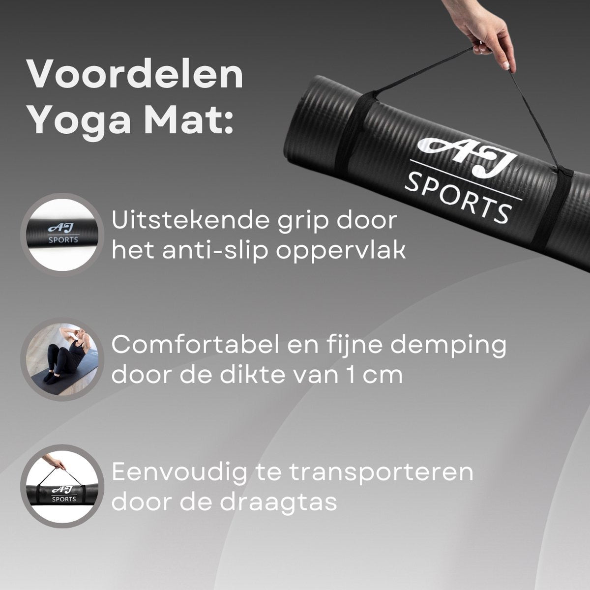AJ-Sports Yoga mat - Yogamat - Fitness mat NBR - Sport mat - Trainingsmat - Anti slip - Inclusief draagtas - Fitnessmat - Zwart - Yoga - Pilates - Fitness - Foam materiaal - 183 x 61 x 1 cm