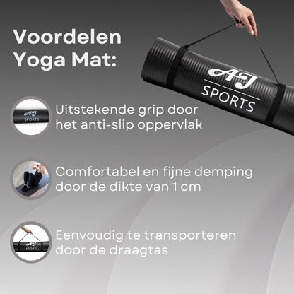 AJ-Sports Yoga mat - Yogamat - Fitness mat NBR - Sport mat - Trainingsmat - Anti slip - Inclusief draagtas - Fitnessmat - Zwart - Yoga - Pilates - Fitness - Foam materiaal - 183 x 61 x 1 cm