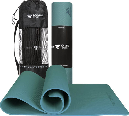 Rockerz Deluxe Yoga mat - Fitness mat - Sport mat - Yogamat anti slip & eco - Extra Dik - Duurzaam TPE materiaal - Incl Draagtas - Kleur: Petrol