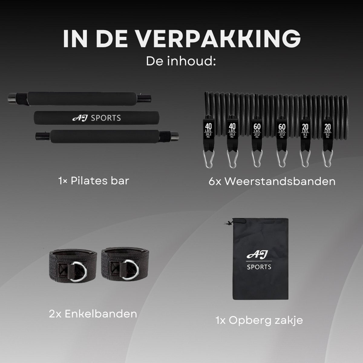 AJ-Sports Weerstandsbanden Set Pro - Pilates Bar - Weerstandsbanden - Fitness Bar - Tot 100 KG Verstelbaar - Pilates Stick - Inclusief 6 Weerstandsbanden - Resistance Band Set - Crossfit - Zwart