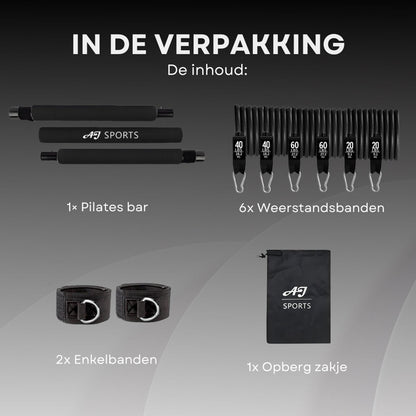 AJ-Sports Weerstandsbanden Set Pro - Pilates Bar - Weerstandsbanden - Fitness Bar - Tot 100 KG Verstelbaar - Pilates Stick - Inclusief 6 Weerstandsbanden - Resistance Band Set - Crossfit - Zwart