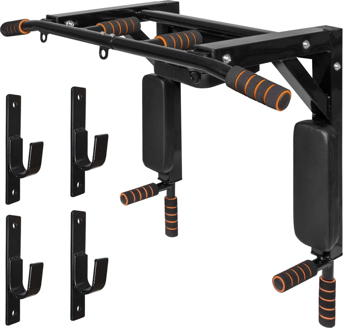 Springos Pull Up Bar | Pull Up Station | Dip Station | Krachtstation | Multifunctioneel | Wandmontage | Inclusief Montageset | Zwart/Oranje