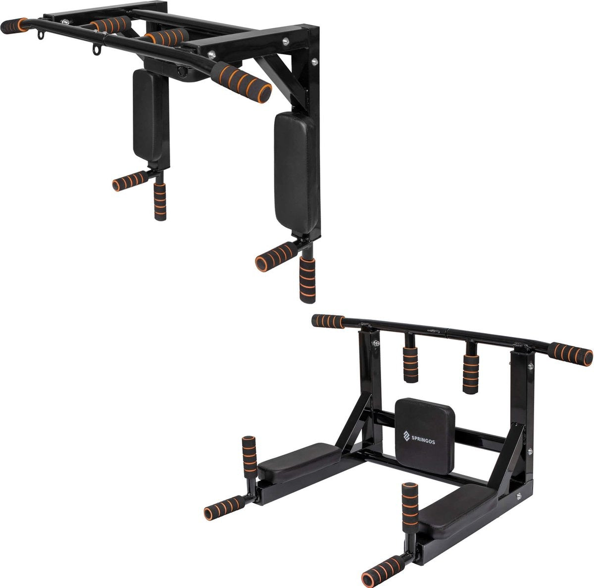 Springos Pull Up Bar | Pull Up Station | Dip Station | Krachtstation | Multifunctioneel | Wandmontage | Inclusief Montageset | Zwart/Oranje