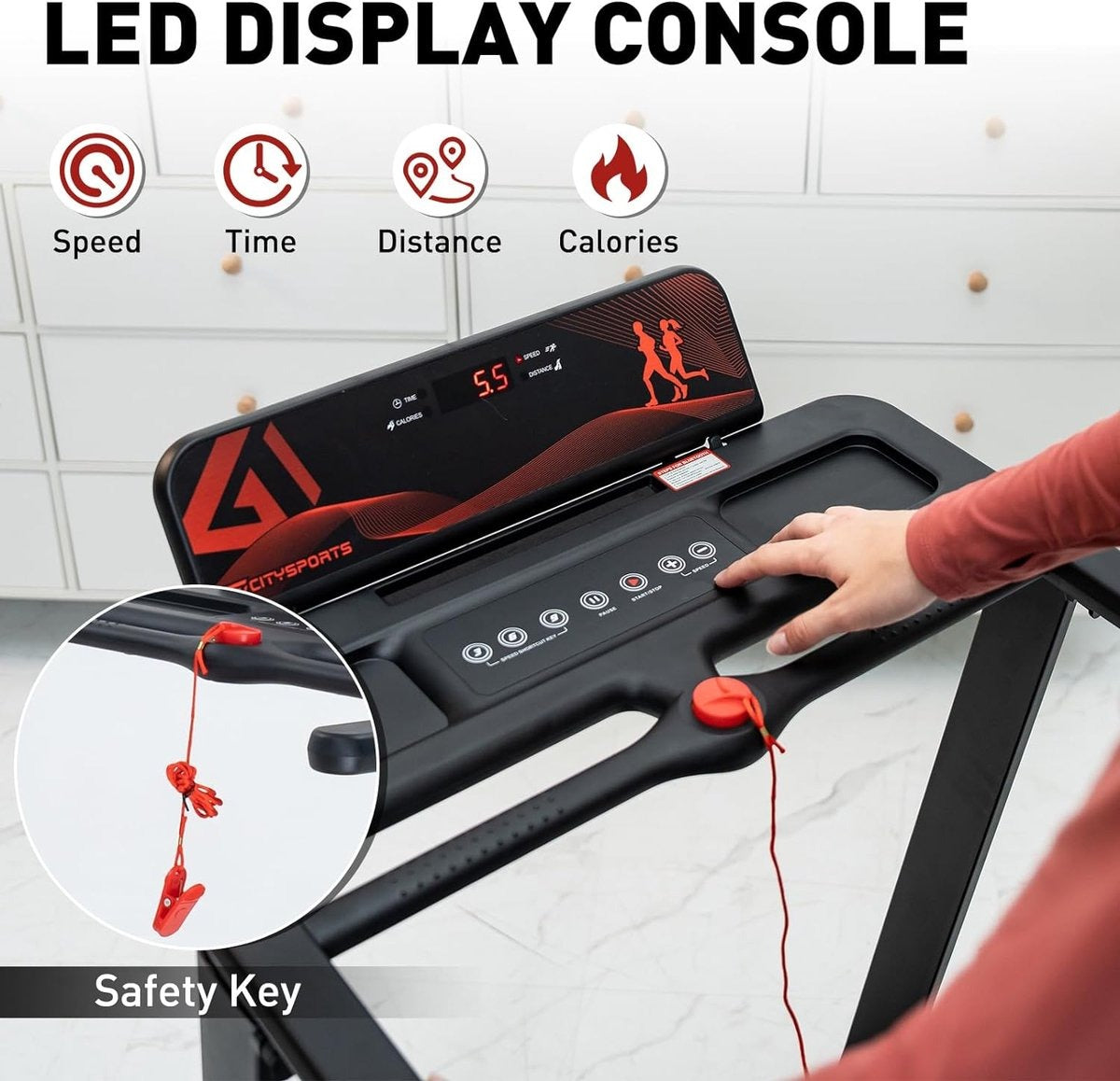 CITYSPORTS WP9 elektrische loopband-opvouwbare loopband voor thuis tot 12 km/u-met LED-display-APP en 360° tablethouder-compact loopkussen voor thuis en op kantoor