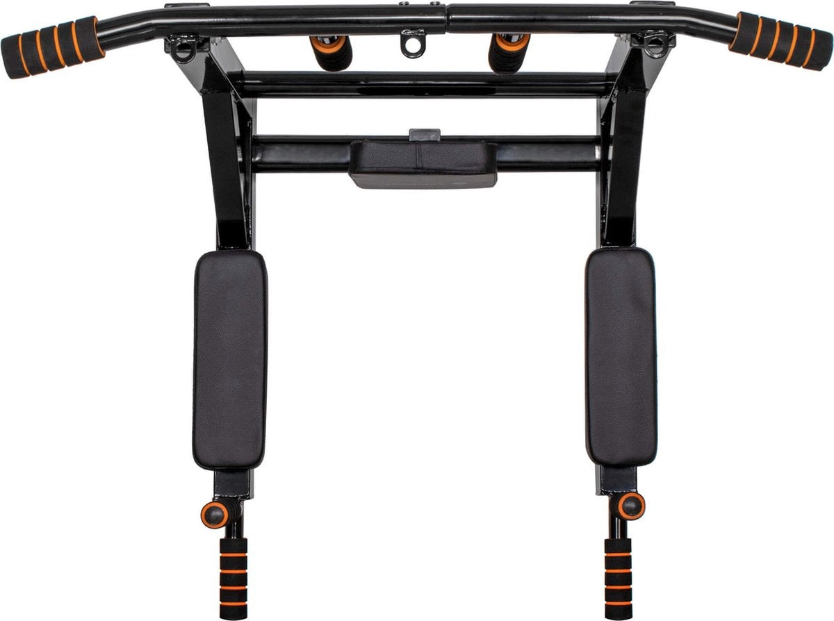 Springos Pull Up Bar | Pull Up Station | Dip Station | Krachtstation | Multifunctioneel | Wandmontage | Inclusief Montageset | Zwart/Oranje