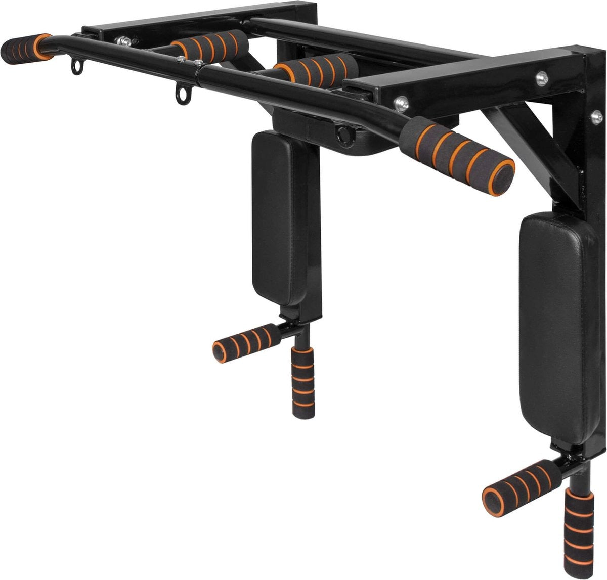 Springos Pull Up Bar | Pull Up Station | Dip Station | Krachtstation | Multifunctioneel | Wandmontage | Inclusief Montageset | Zwart/Oranje
