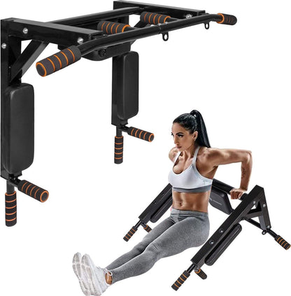 Springos Pull Up Bar | Pull Up Station | Dip Station | Krachtstation | Multifunctioneel | Wandmontage | Inclusief Montageset | Zwart/Oranje