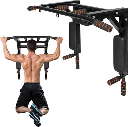 Springos Pull Up Bar | Pull Up Station | Dip Station | Krachtstation | Multifunctioneel | Wandmontage | Inclusief Montageset | Zwart/Oranje
