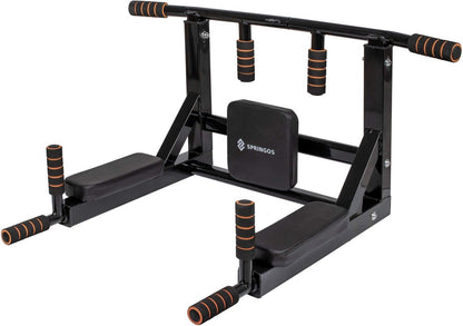 Springos Pull Up Bar | Pull Up Station | Dip Station | Krachtstation | Multifunctioneel | Wandmontage | Inclusief Montageset | Zwart/Oranje