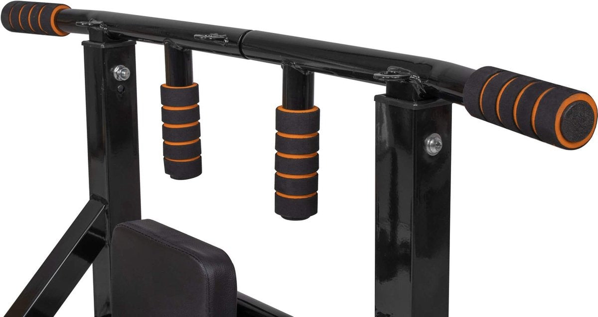 Springos Pull Up Bar | Pull Up Station | Dip Station | Krachtstation | Multifunctioneel | Wandmontage | Inclusief Montageset | Zwart/Oranje
