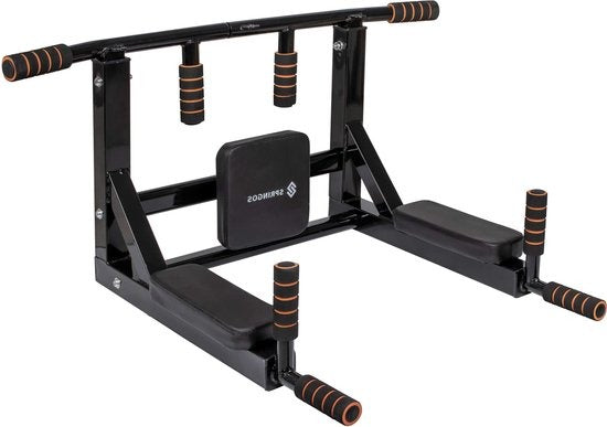 Springos Pull Up Bar | Pull Up Station | Dip Station | Krachtstation | Multifunctioneel | Wandmontage | Inclusief Montageset | Zwart/Oranje