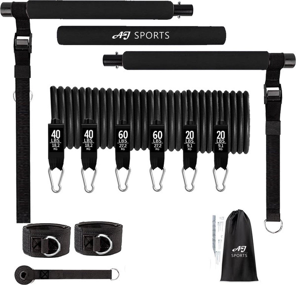 AJ-Sports Weerstandsbanden Set Pro - Pilates Bar - Weerstandsbanden - Fitness Bar - Tot 100 KG Verstelbaar - Pilates Stick - Inclusief 6 Weerstandsbanden - Resistance Band Set - Crossfit - Zwart