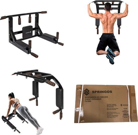 Springos Pull Up Bar | Pull Up Station | Dip Station | Krachtstation | Multifunctioneel | Wandmontage | Inclusief Montageset | Zwart/Oranje